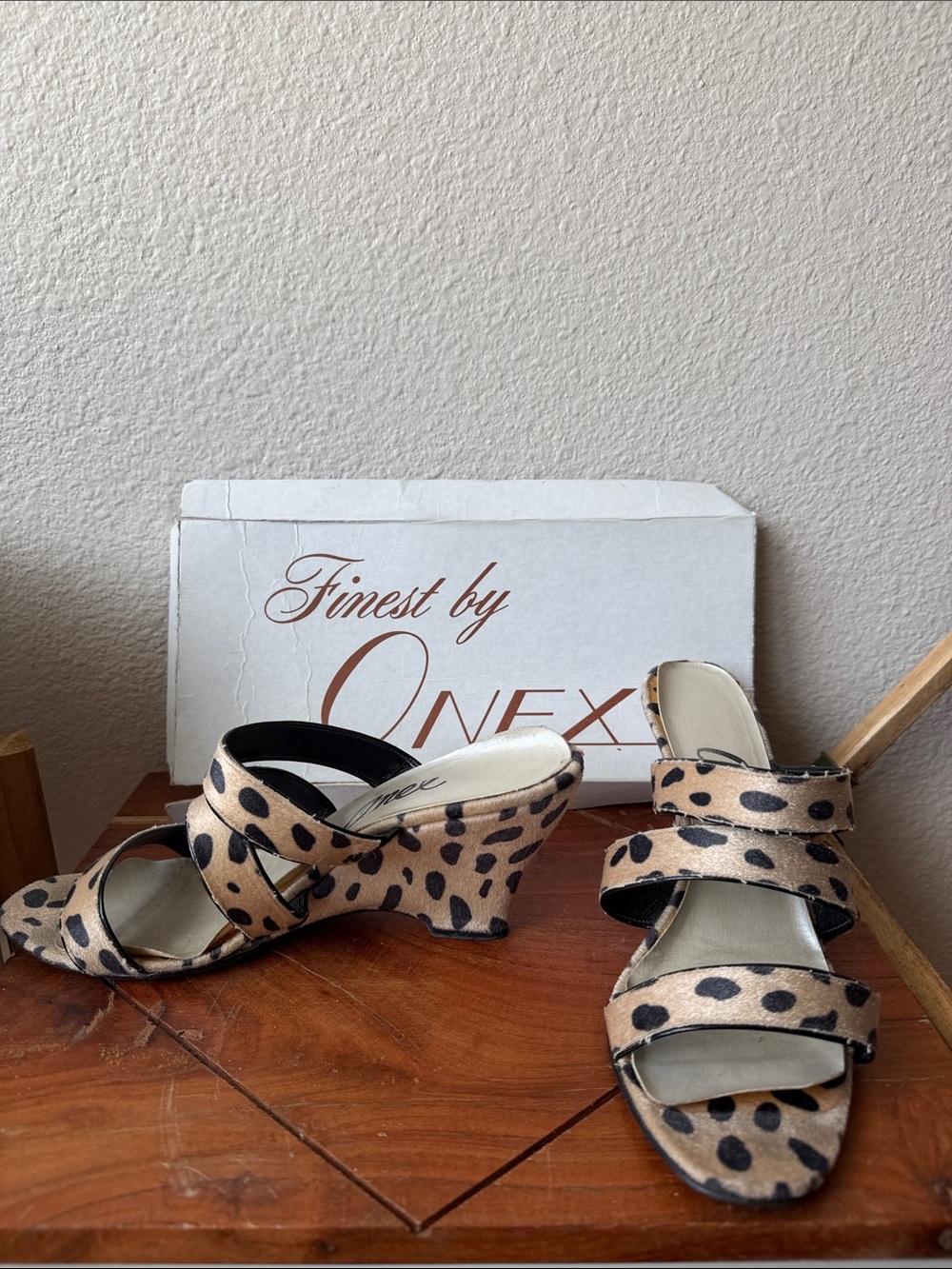 Onex Leopard Print Tan and Black Wedge Sandals